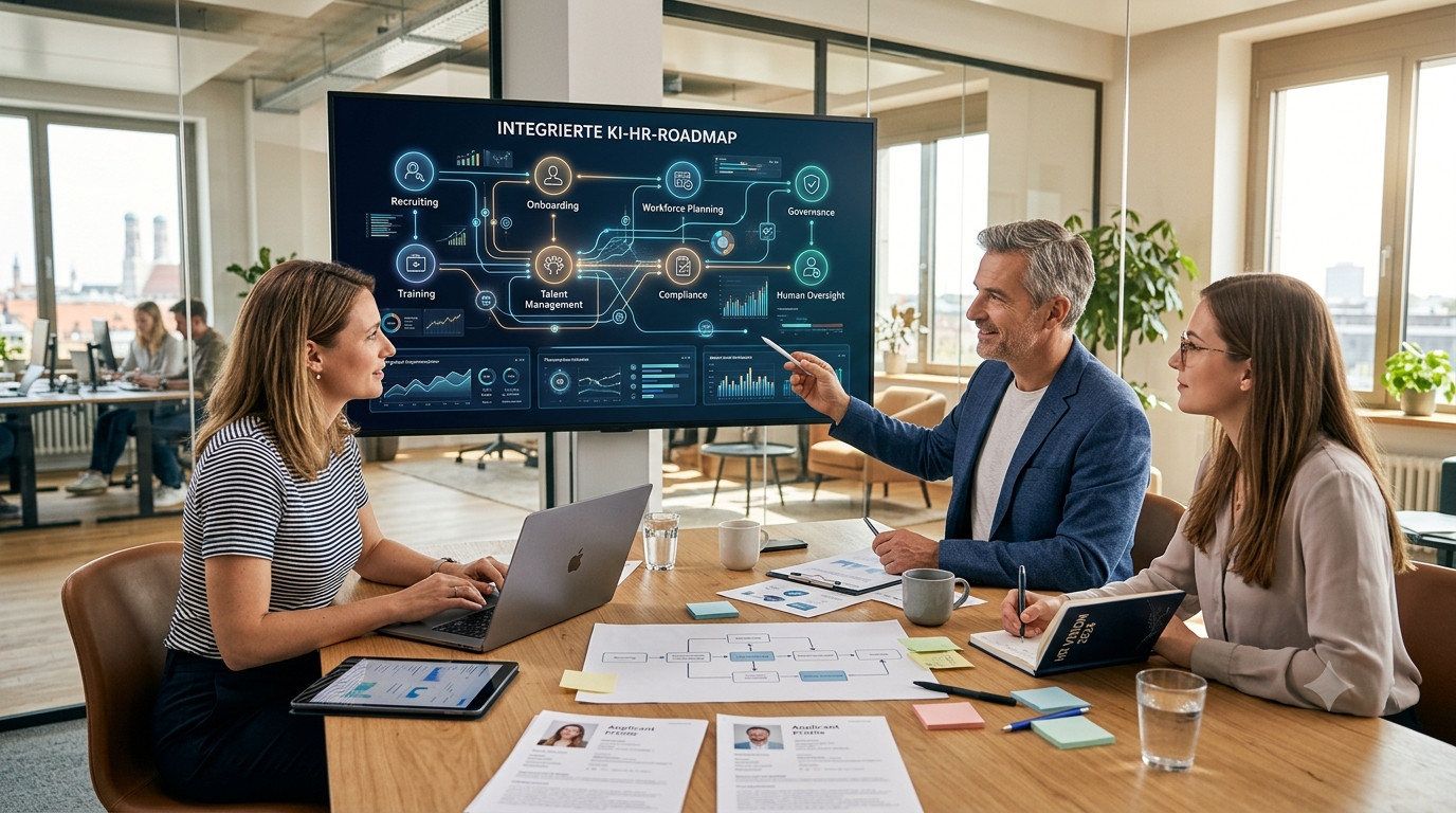 Symbolbild: HR-Team analysiert digitale Personalprozesse und KI-gestützte Recruiting-Daten